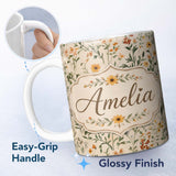 Personalized Custom Name Warm Meadow Floral Botanical Garden Seamless Pattern Lovely 11oz Ceramic Coffee Tea Mug White Large Handle