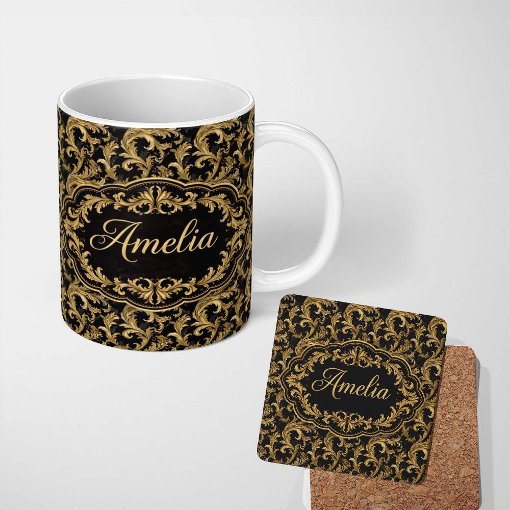 Personalized Custom Name Gold Black Baroque Scroll Seamless Pattern Elegant Royal Ornamental 11oz Ceramic Coffee Tea Mug White Large Handle