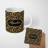 Personalized Custom Name Gold Black Baroque Scroll Seamless Pattern Elegant Royal Ornamental 11oz Ceramic Coffee Tea Mug White Large Handle