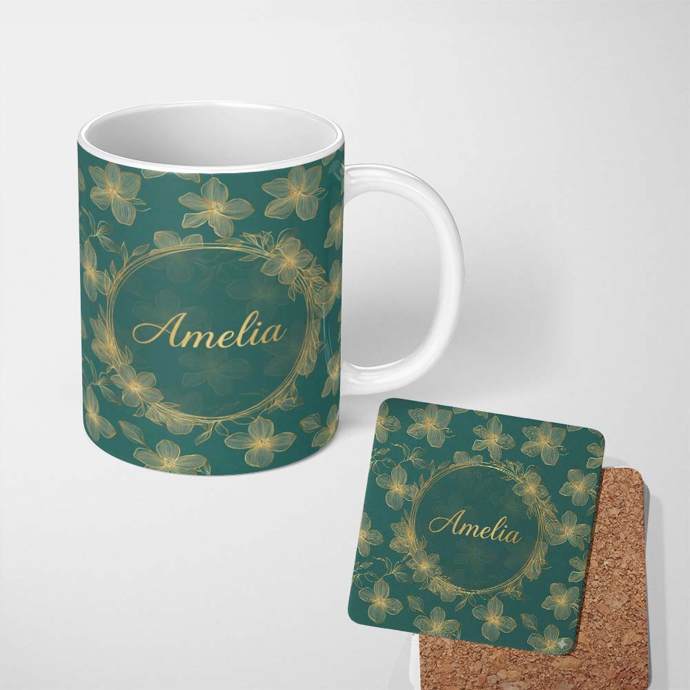 Personalized Custom Name Luxury Teal Background Gold Line Art Floral Blossoms Seamless Lovely 11oz Ceramic Coffee Tea Mug White Large Handle