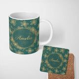 Personalized Custom Name Luxury Teal Background Gold Line Art Floral Blossoms Seamless Lovely 11oz Ceramic Coffee Tea Mug White Large Handle