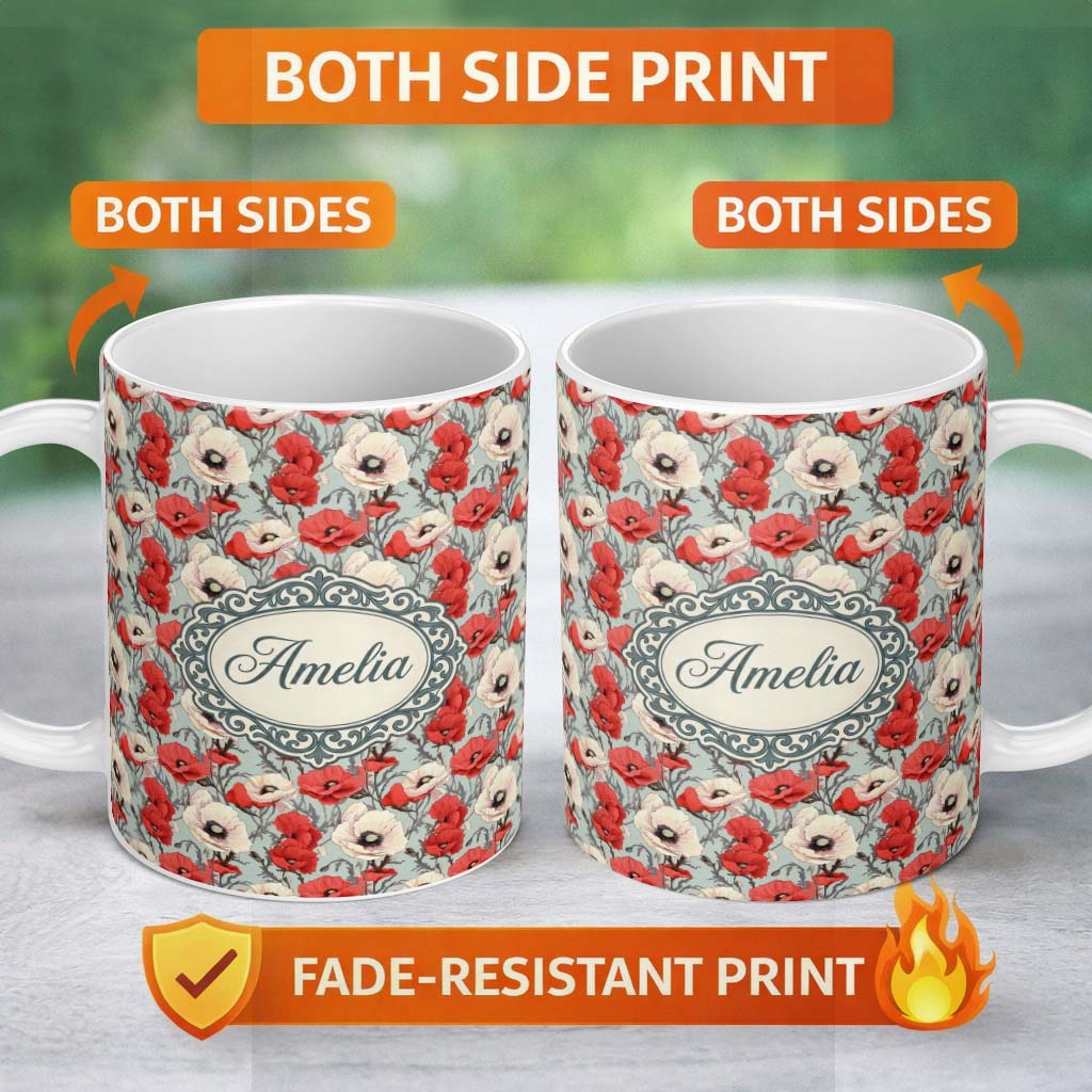 Personalized Custom Name Red and White Poppy Botanical Vintage Seamless Pattern Lovely 11oz Ceramic Coffee Tea Mug White Large Handle