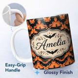Personalized Custom Name Bold Geometric Bat Motif in Orange and Black Repeating Halloween 11oz Ceramic Coffee Tea Mug White Large Handle