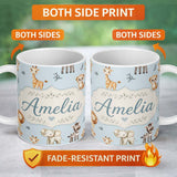 Personalized Custom Name Cute Baby Safari Animals Elephant Giraffe Lion Zebra Pattern Blue 11oz Ceramic Coffee Tea Mug White Large Handle