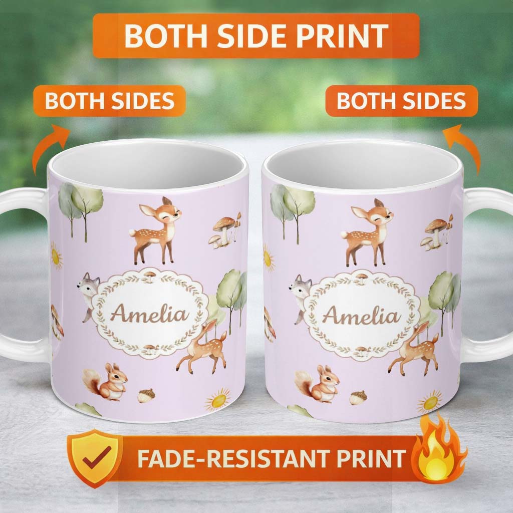 Personalized Custom Name Cute Woodland Deer Fox Mushroom Seamless Pattern on Pastel Lavender 11oz Ceramic Coffee Tea Mug White Large Handle