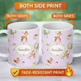 Personalized Custom Name Cute Woodland Deer Fox Mushroom Seamless Pattern on Pastel Lavender 11oz Ceramic Coffee Tea Mug White Large Handle
