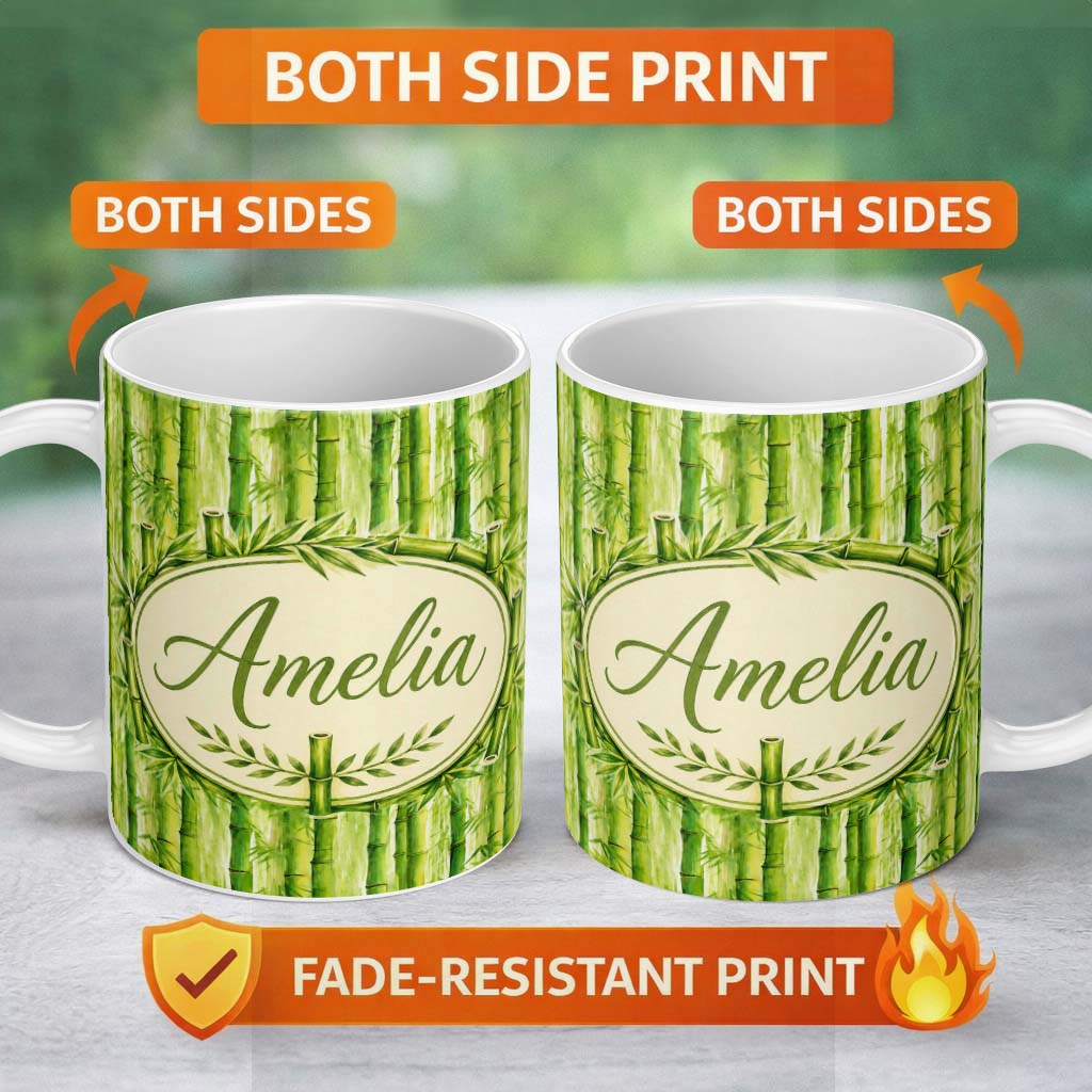 Personalized Custom Name Lush Green Bamboo Forest Watercolor Style Seamless Pattern Lovely 11oz Ceramic Coffee Tea Mug White Large Handle