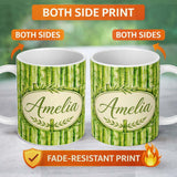 Personalized Custom Name Lush Green Bamboo Forest Watercolor Style Seamless Pattern Lovely 11oz Ceramic Coffee Tea Mug White Large Handle