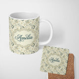 Personalized Custom Name Elegant Vintage Paisley Floral Ornamental Seamless Pattern Soft 11oz Ceramic Coffee Tea Mug White Large Handle