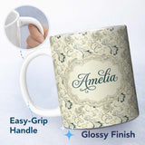 Personalized Custom Name Elegant Vintage Paisley Floral Ornamental Seamless Pattern Soft 11oz Ceramic Coffee Tea Mug White Large Handle