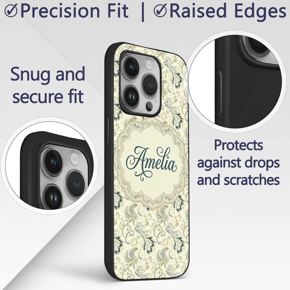 Elegant Vintage Paisley Floral Printed Design Custom Name Protective Phone Case Mobile Cover Durable Everyday Smartphone Shock Resistant