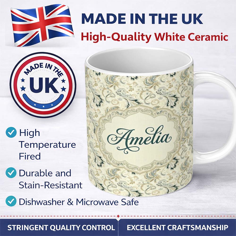 Personalized Custom Name Elegant Vintage Paisley Floral Ornamental Seamless Pattern Soft 11oz Ceramic Coffee Tea Mug White Large Handle