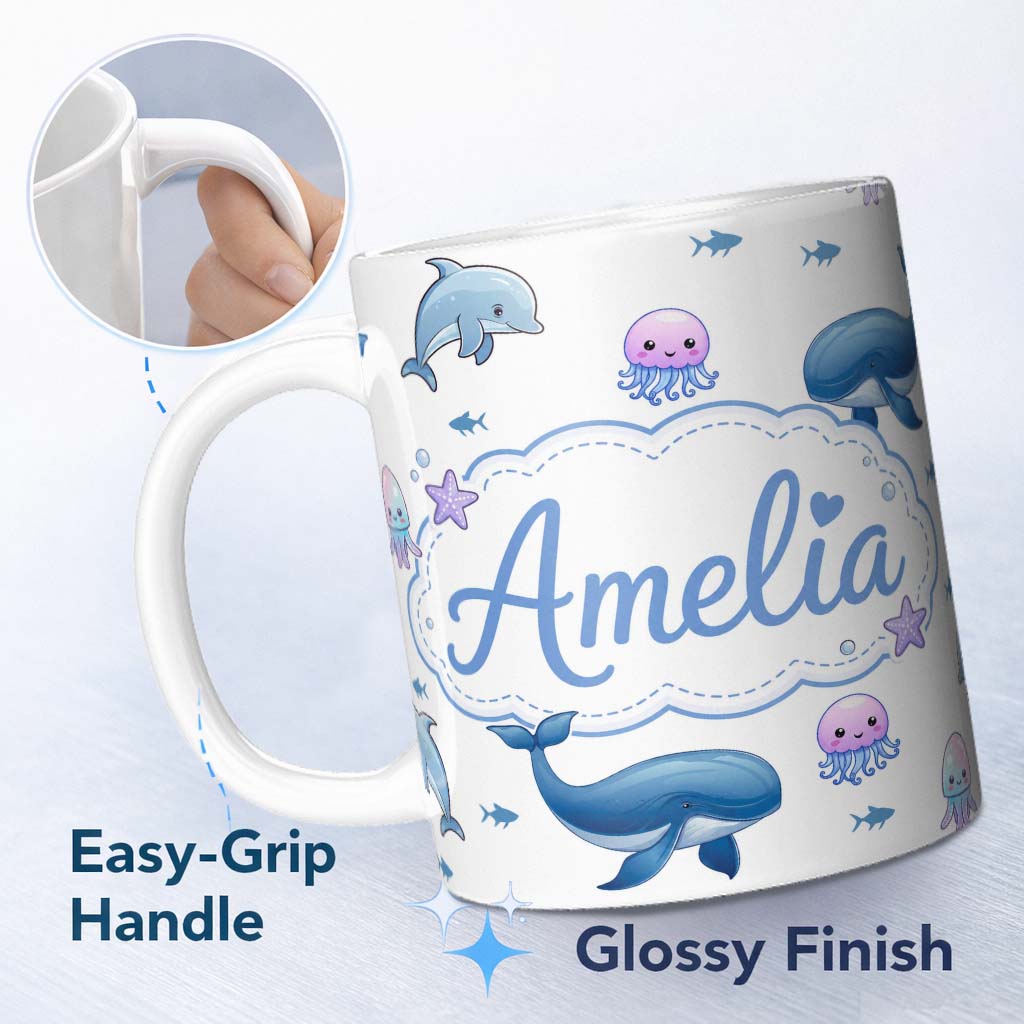 Personalized Custom Name Cute Ocean Animals Dolphin Whale Shark Jellyfish White Background 11oz Ceramic Coffee Tea Mug White Large Handle