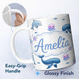 Personalized Custom Name Cute Ocean Animals Dolphin Whale Shark Jellyfish White Background 11oz Ceramic Coffee Tea Mug White Large Handle