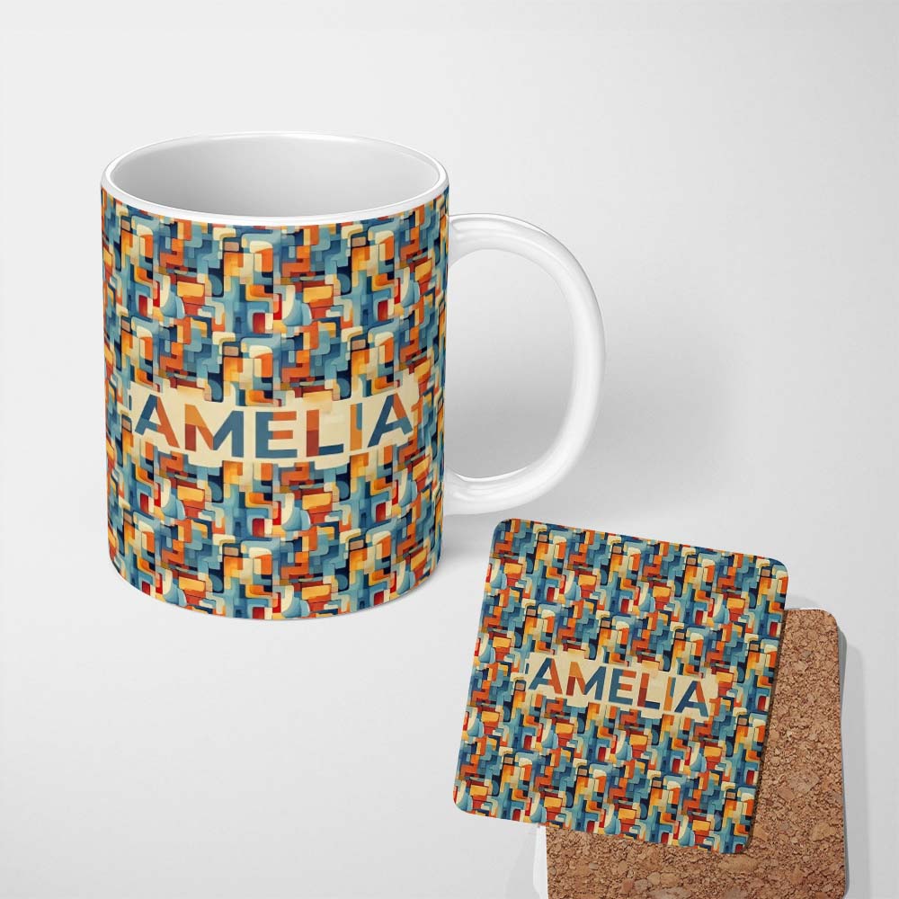 Personalized Custom Name Abstract Geometric Shapes Colorful Mid Century Seamless Pattern 11oz Ceramic Coffee Tea Mug White Large Handle