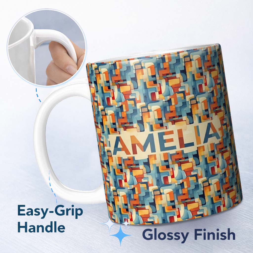 Personalized Custom Name Abstract Geometric Shapes Colorful Mid Century Seamless Pattern 11oz Ceramic Coffee Tea Mug White Large Handle