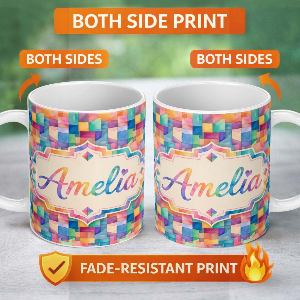 Personalized Custom Name Abstract Geometric Blocks Soft Modern Seamless Pattern Design Name 11oz Ceramic Coffee Tea Mug White Large Handle