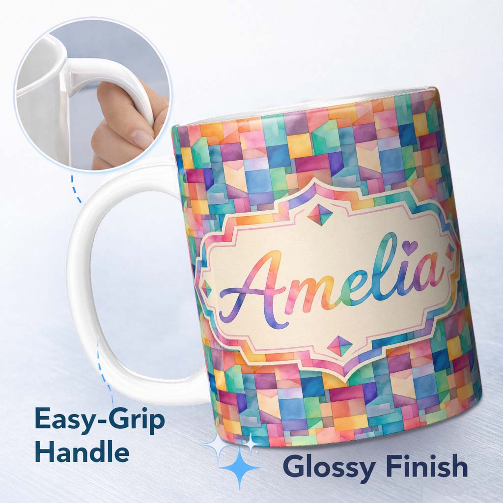 Personalized Custom Name Abstract Geometric Blocks Soft Modern Seamless Pattern Design Name 11oz Ceramic Coffee Tea Mug White Large Handle