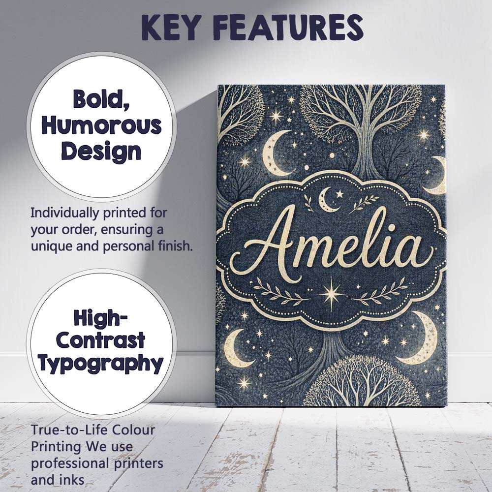 Personalised Name Mystical Forest Trees Moon Stars Night Seamless Custom  Bespoke Canvas Wall Art Print Decor Picture Ready to Hang