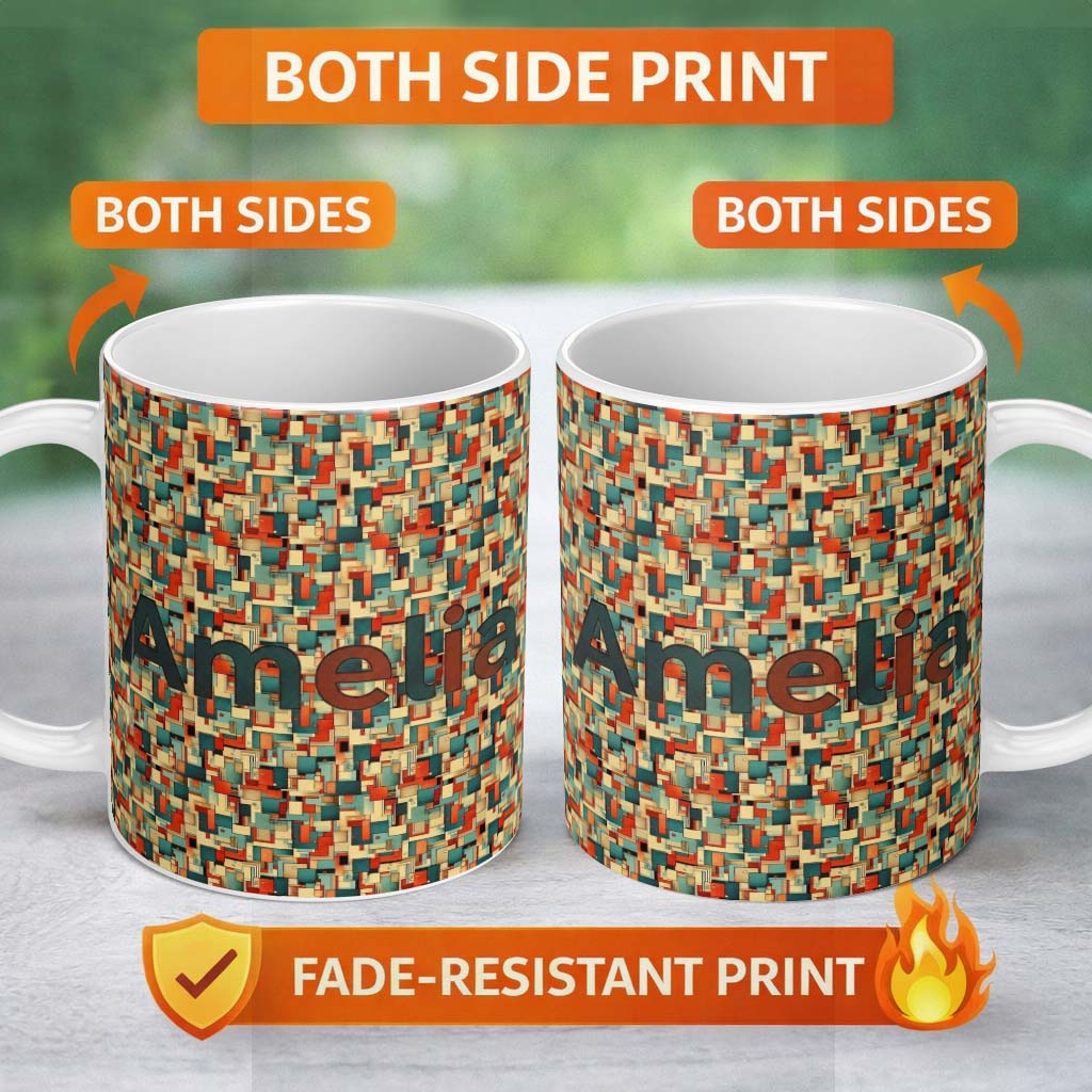 Personalized Custom Name Bold Abstract Geometric Blocks Color Seamless Pattern Design Name 11oz Ceramic Coffee Tea Mug White Large Handle