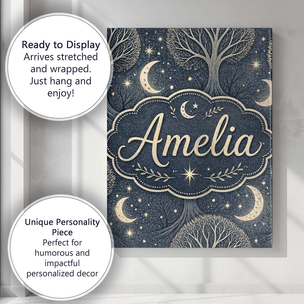 Personalised Name Mystical Forest Trees Moon Stars Night Seamless Custom  Bespoke Canvas Wall Art Print Decor Picture Ready to Hang