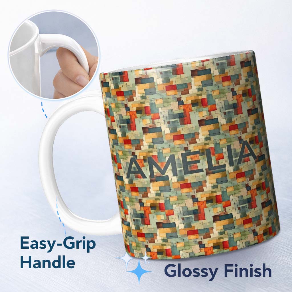 Personalized Custom Name Textured Abstract Mid Century Shapes Artistic Seamless Pattern 11oz Ceramic Coffee Tea Mug White Large Handle