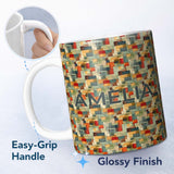 Personalized Custom Name Textured Abstract Mid Century Shapes Artistic Seamless Pattern 11oz Ceramic Coffee Tea Mug White Large Handle