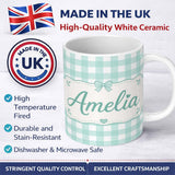 Personalized Custom Name Mint Green And White Gingham Check Seamless Pattern Classic Lovely 11oz Ceramic Coffee Tea Mug White Large Handle