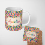 Personalized Custom Name Colorful Geometric Patchwork Abstract Seamless Pattern Bright 11oz Ceramic Coffee Tea Mug White Large Handle