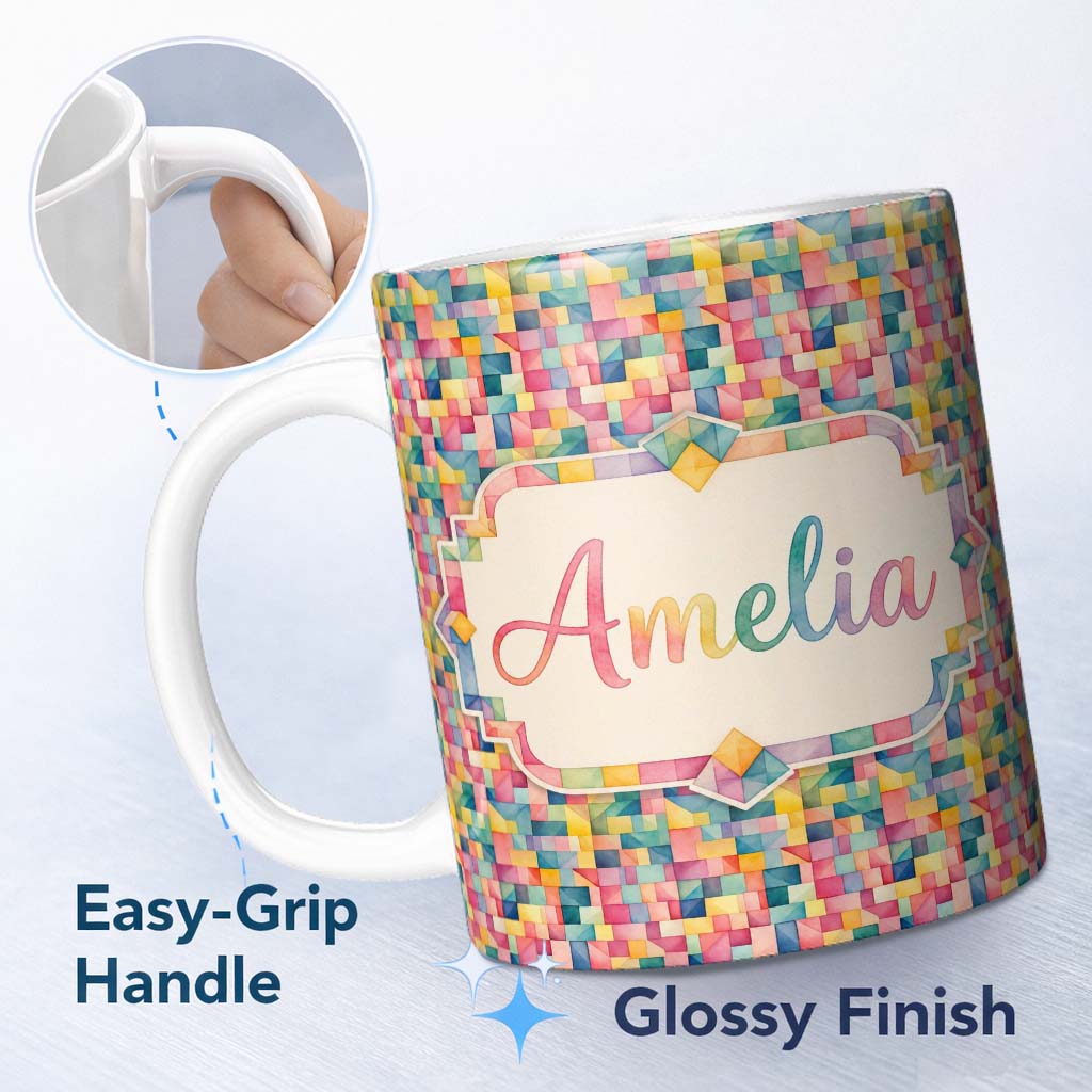 Personalized Custom Name Colorful Geometric Patchwork Abstract Seamless Pattern Bright 11oz Ceramic Coffee Tea Mug White Large Handle