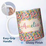 Personalized Custom Name Colorful Geometric Patchwork Abstract Seamless Pattern Bright 11oz Ceramic Coffee Tea Mug White Large Handle
