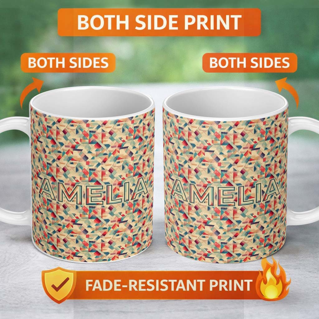 Personalized Custom Name Dynamic Abstract Angled Shapes Color Seamless Pattern Design Name 11oz Ceramic Coffee Tea Mug White Large Handle