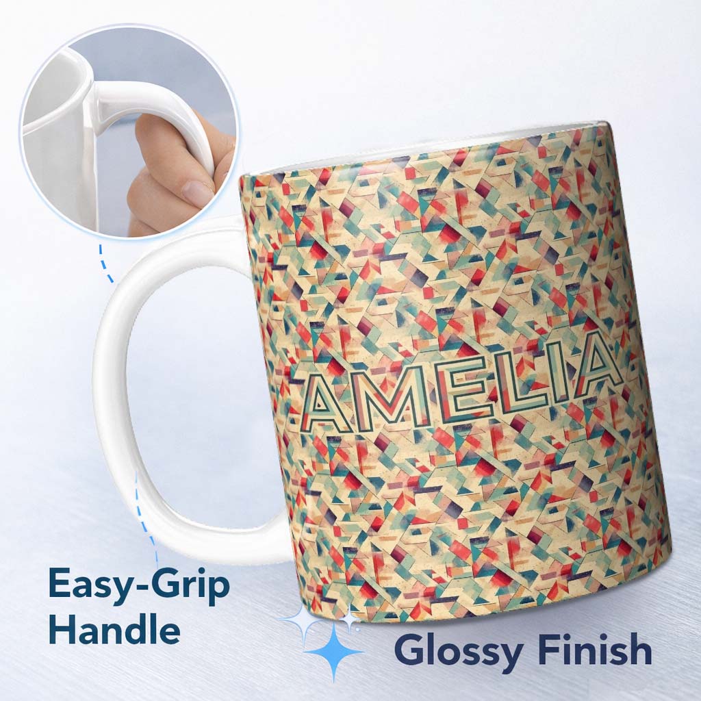 Personalized Custom Name Dynamic Abstract Angled Shapes Color Seamless Pattern Design Name 11oz Ceramic Coffee Tea Mug White Large Handle