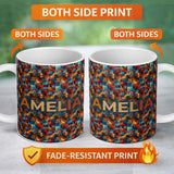 Personalized Custom Name Vibrant Cubist Abstract Swirl Shapes Artistic Seamless Pattern 11oz Ceramic Coffee Tea Mug White Large Handle