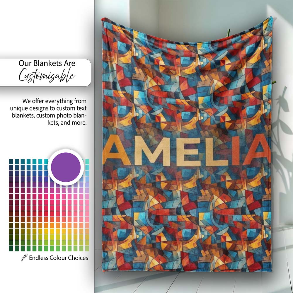 Vibrant Cubist Abstract Swirl Shapes Artistic Seamless Pattern  Personalised Custom Name Super Soft Fleece Blanket Bed Sofa Throw
