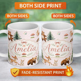 Personalized Custom Name Bear Bunny Squirrel Trees Mushrooms Butterfly Soft Blush Seamless 11oz Ceramic Coffee Tea Mug White Large Handle