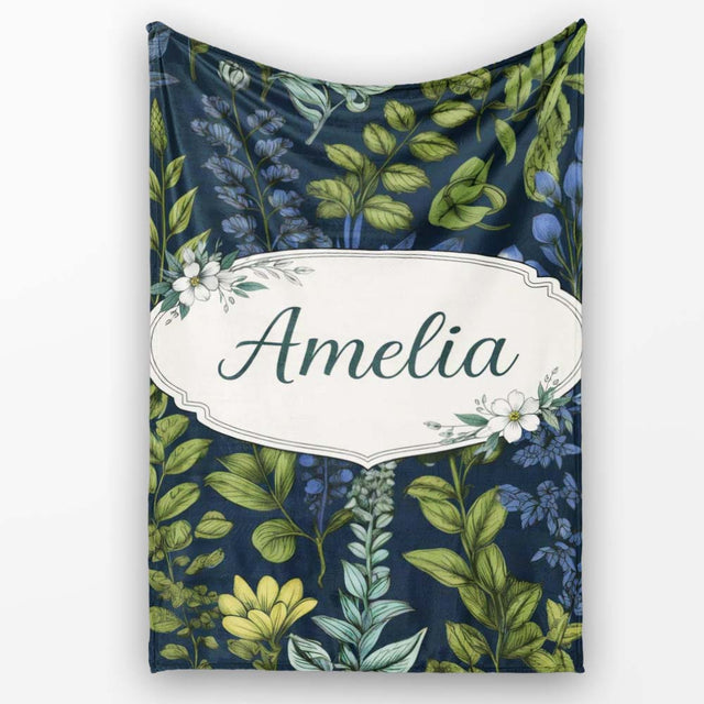 Elegant Botanical Leaves Blue Green Floral Seamless Pattern Lovely  Personalised Custom Name Super Soft Fleece Blanket Bed Sofa Throw