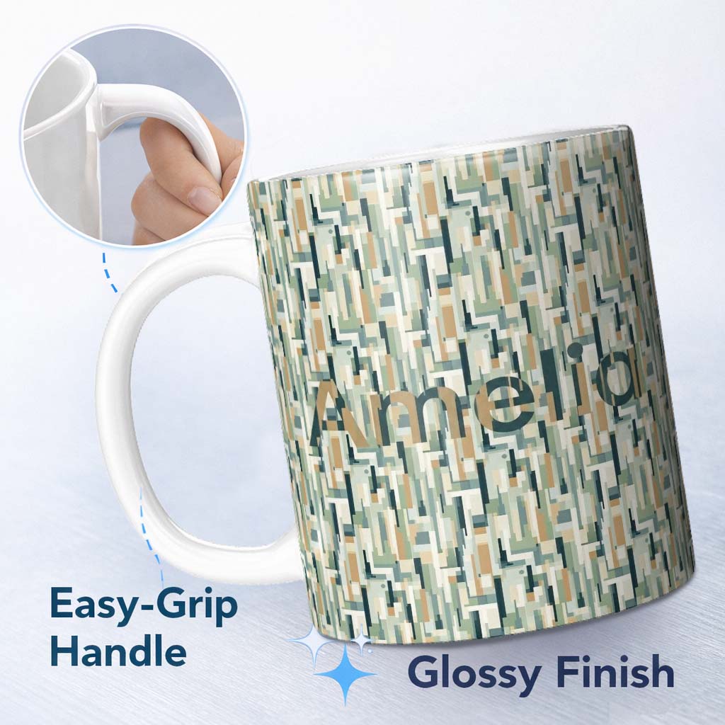 Personalized Custom Name Geometric Abstract Mosaic Color Blocks Artistic Seamless Pattern 11oz Ceramic Coffee Tea Mug White Large Handle