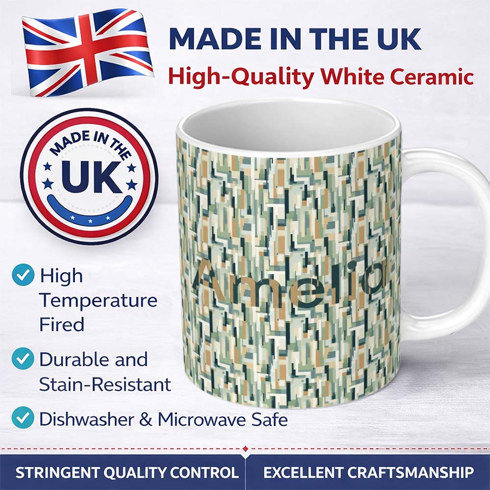 Personalized Custom Name Geometric Abstract Mosaic Color Blocks Artistic Seamless Pattern 11oz Ceramic Coffee Tea Mug White Large Handle