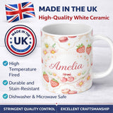 Personalized Custom Name Strawberry Cherry Daisy White Beige Outline Cute Coquette Floral 11oz Ceramic Coffee Tea Mug White Large Handle