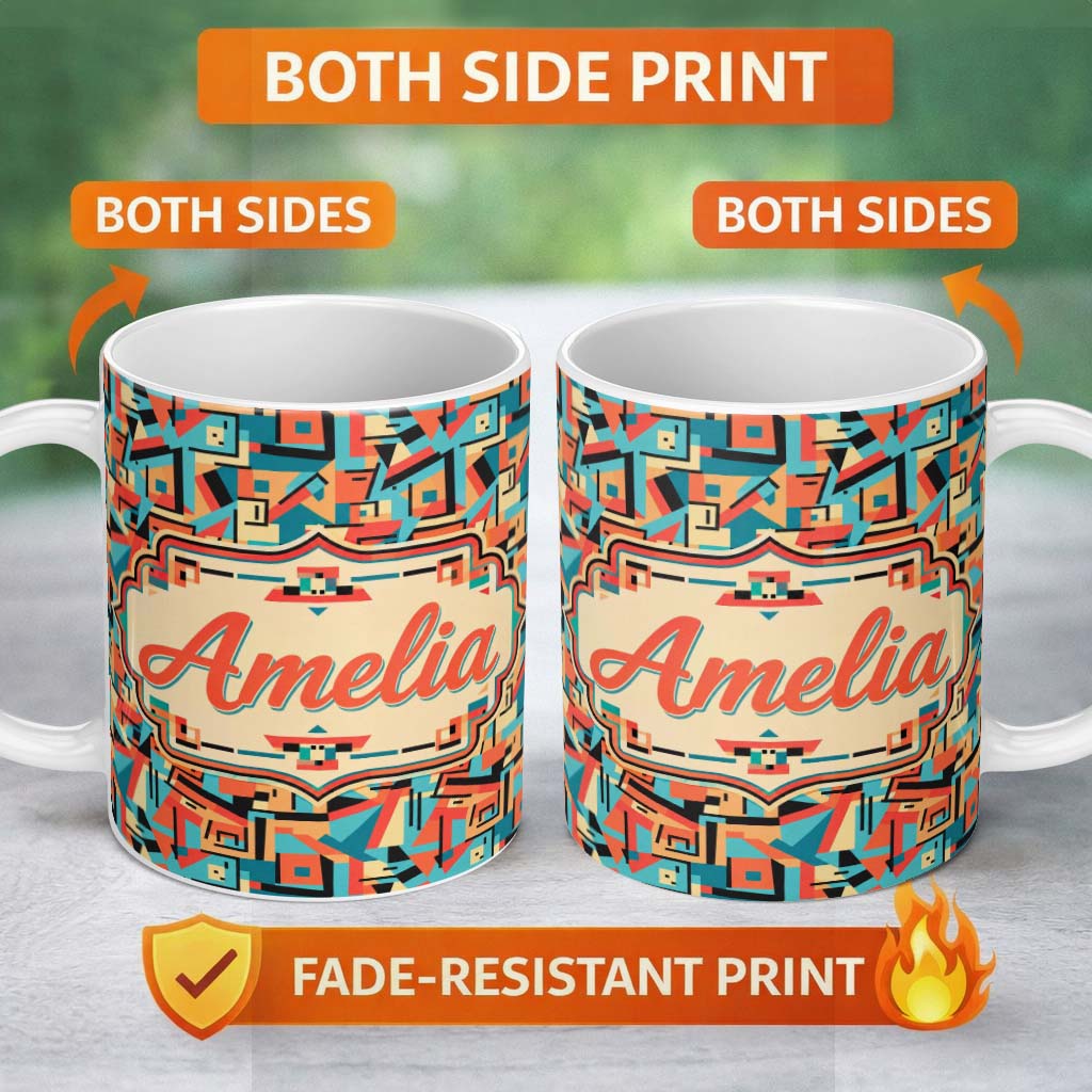 Personalized Custom Name Abstract Multicolor Polygon Shapes Modern Seamless Pattern Design 11oz Ceramic Coffee Tea Mug White Large Handle
