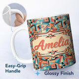 Personalized Custom Name Abstract Multicolor Polygon Shapes Modern Seamless Pattern Design 11oz Ceramic Coffee Tea Mug White Large Handle