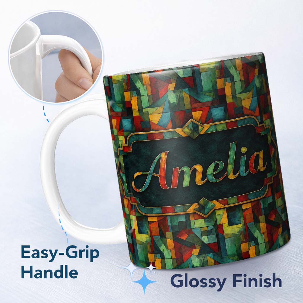 Personalized Custom Name Abstract Cubist Geometric Blocks Bold Colorful Seamless Pattern 11oz Ceramic Coffee Tea Mug White Large Handle
