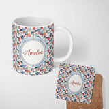 Personalized Custom Name Soft Watercolor Abstract Shapes Red Blue Minimal Seamless Pattern 11oz Ceramic Coffee Tea Mug White Large Handle