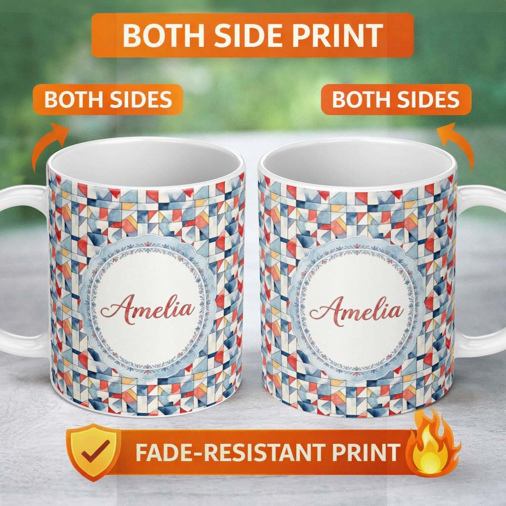 Personalized Custom Name Soft Watercolor Abstract Shapes Red Blue Minimal Seamless Pattern 11oz Ceramic Coffee Tea Mug White Large Handle
