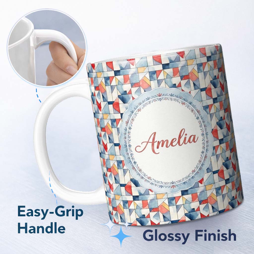 Personalized Custom Name Soft Watercolor Abstract Shapes Red Blue Minimal Seamless Pattern 11oz Ceramic Coffee Tea Mug White Large Handle