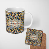 Personalized Custom Name Bold Navy Mustard Abstract Geometric Lines Seamless Pattern Name 11oz Ceramic Coffee Tea Mug White Large Handle