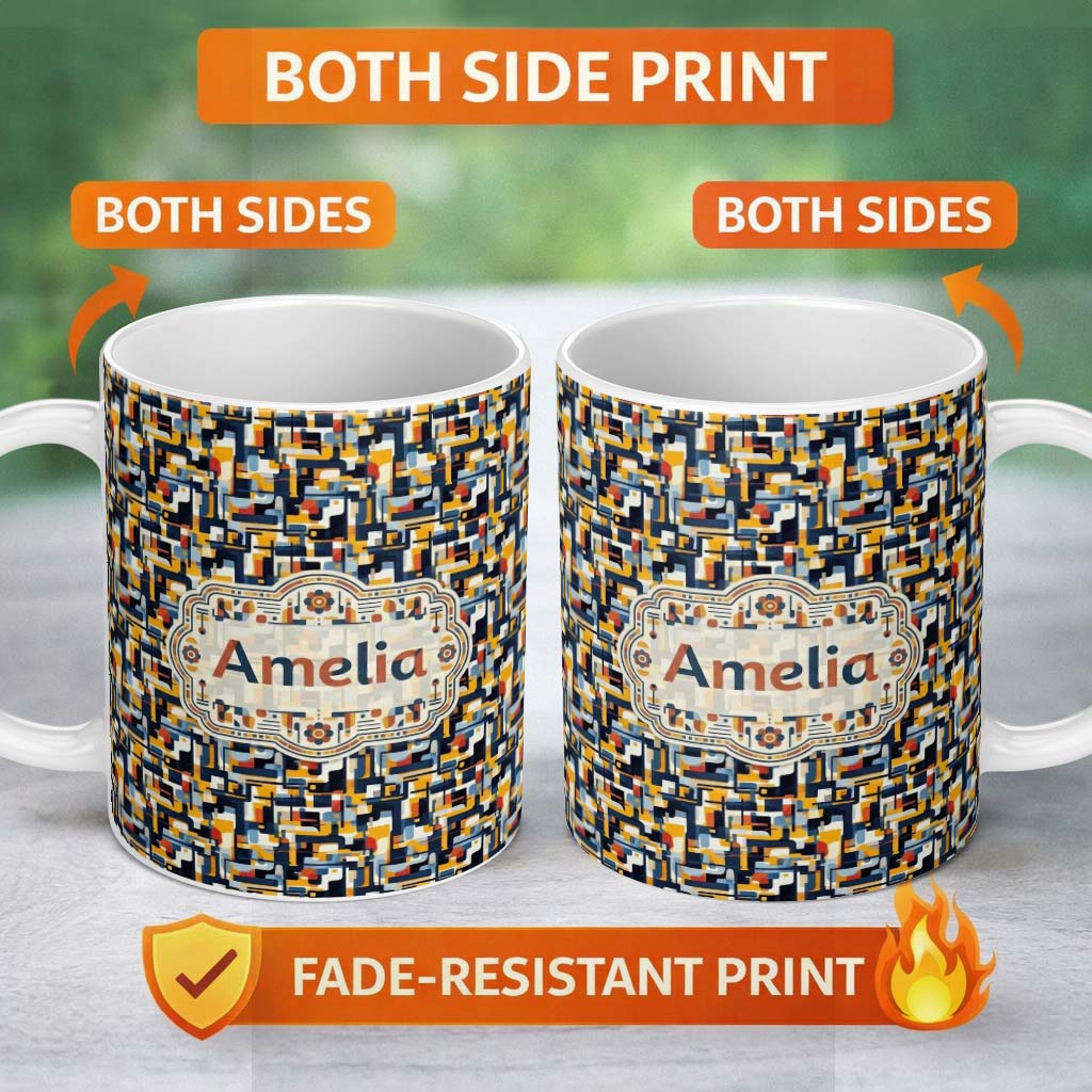 Personalized Custom Name Bold Navy Mustard Abstract Geometric Lines Seamless Pattern Name 11oz Ceramic Coffee Tea Mug White Large Handle