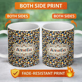 Personalized Custom Name Bold Navy Mustard Abstract Geometric Lines Seamless Pattern Name 11oz Ceramic Coffee Tea Mug White Large Handle
