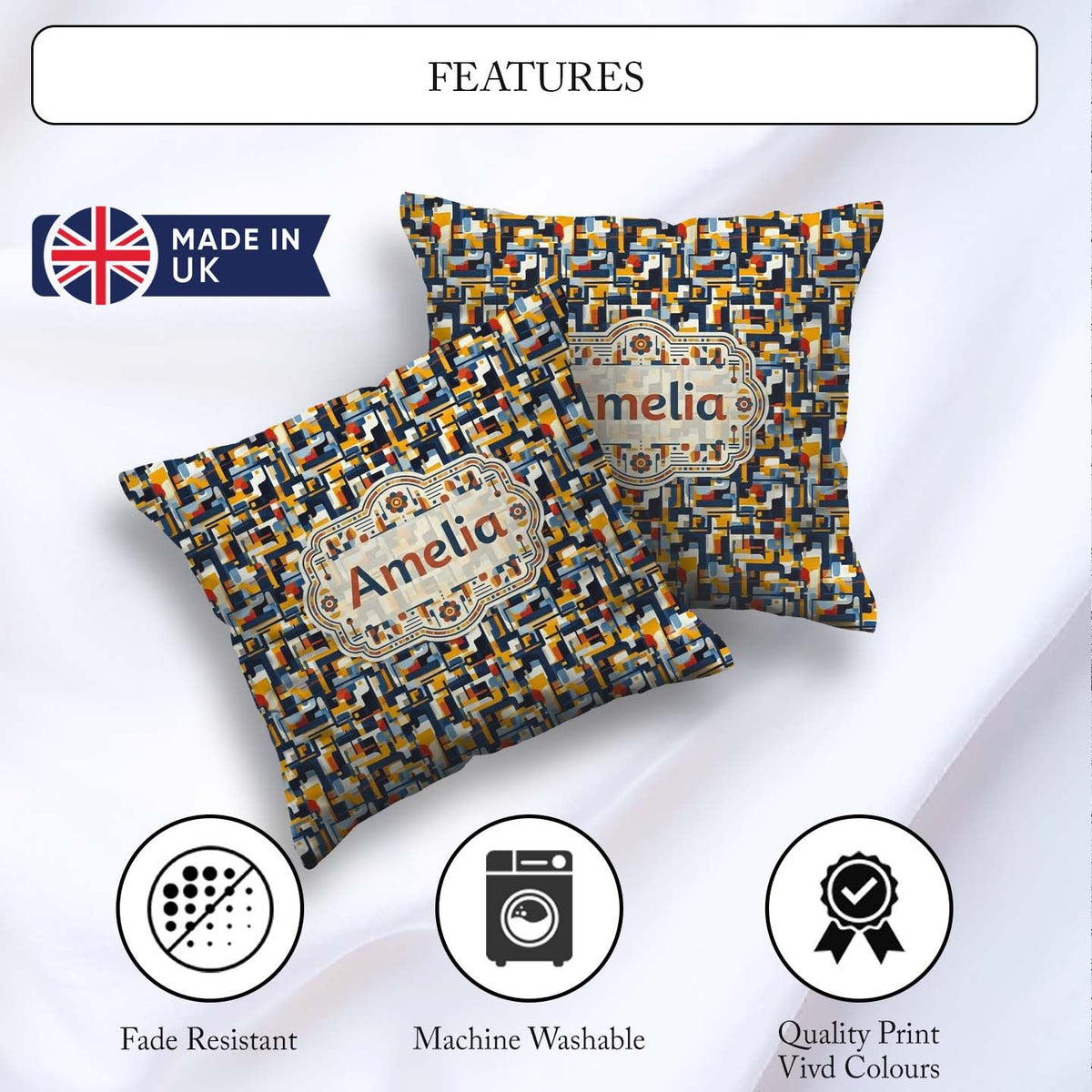 Custom Name Bold Navy Mustard Abstract Geometric Lines Seamless Square Filled Cushion Throw Pillow Sofa Bed Home Decor Zip Washable UK Made